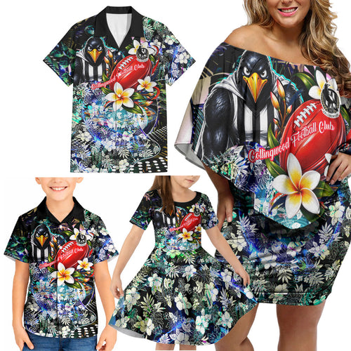 Personalized Collingwood Football Magpies Family Matching Off Shoulder Short Dress and Hawaiian Shirt Tropical Hibiscus Flowers - Pacific Fusion Style