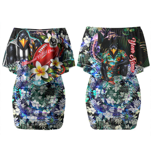 Personalized Collingwood Football Magpies Family Matching Off Shoulder Short Dress and Hawaiian Shirt Tropical Hibiscus Flowers - Pacific Fusion Style