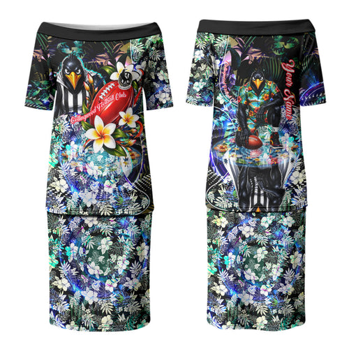 Personalized Collingwood Football Magpies Family Matching Puletasi and Hawaiian Shirt Tropical Hibiscus Flowers - Pacific Fusion Style