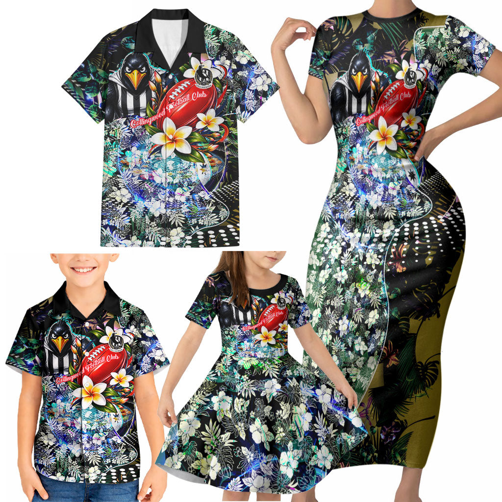 Personalized Collingwood Football Magpies Family Matching Short Sleeve Bodycon Dress and Hawaiian Shirt Tropical Hibiscus Flowers - Pacific Fusion Style