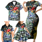 Personalized Collingwood Football Magpies Family Matching Short Sleeve Bodycon Dress and Hawaiian Shirt Tropical Hibiscus Flowers - Pacific Fusion Style
