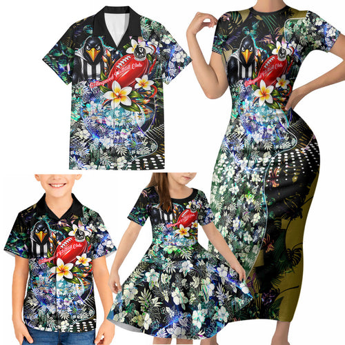 Personalized Collingwood Football Magpies Family Matching Short Sleeve Bodycon Dress and Hawaiian Shirt Tropical Hibiscus Flowers - Pacific Fusion Style