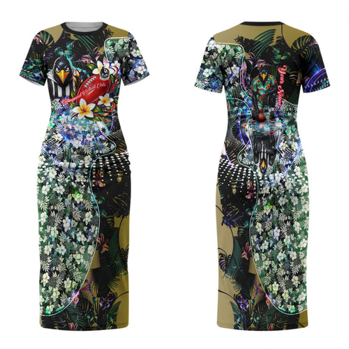 Personalized Collingwood Football Magpies Family Matching Short Sleeve Bodycon Dress and Hawaiian Shirt Tropical Hibiscus Flowers - Pacific Fusion Style