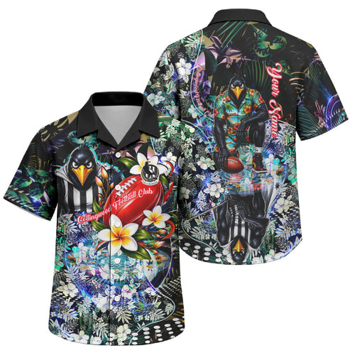 Personalized Collingwood Football Magpies Family Matching Short Sleeve Bodycon Dress and Hawaiian Shirt Tropical Hibiscus Flowers - Pacific Fusion Style