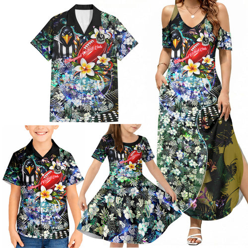 Personalized Collingwood Football Magpies Family Matching Summer Maxi Dress and Hawaiian Shirt Tropical Hibiscus Flowers - Pacific Fusion Style