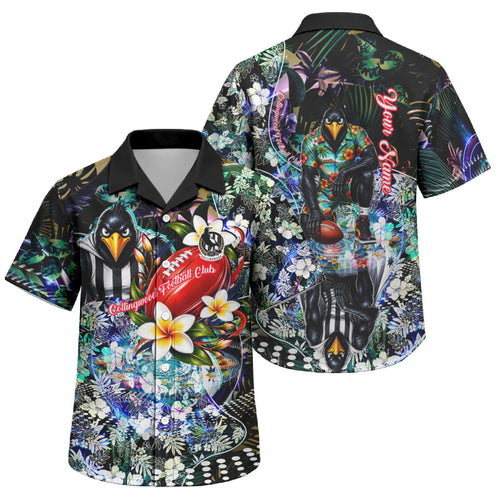 Personalized Collingwood Football Magpies Family Matching Summer Maxi Dress and Hawaiian Shirt Tropical Hibiscus Flowers - Pacific Fusion Style