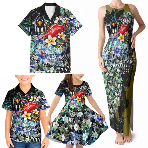 Personalized Collingwood Football Magpies Family Matching Tank Maxi Dress and Hawaiian Shirt Tropical Hibiscus Flowers - Pacific Fusion Style