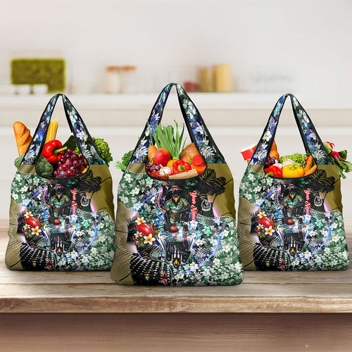 Personalized Collingwood Football Magpies Grocery Bag Tropical Hibiscus Flowers - Pacific Fusion Style