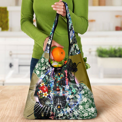 Personalized Collingwood Football Magpies Grocery Bag Tropical Hibiscus Flowers - Pacific Fusion Style