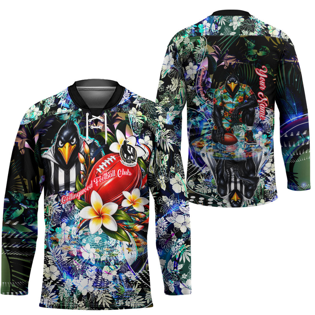 Personalized Collingwood Football Magpies Hockey Jersey Tropical Hibiscus Flowers - Pacific Fusion Style