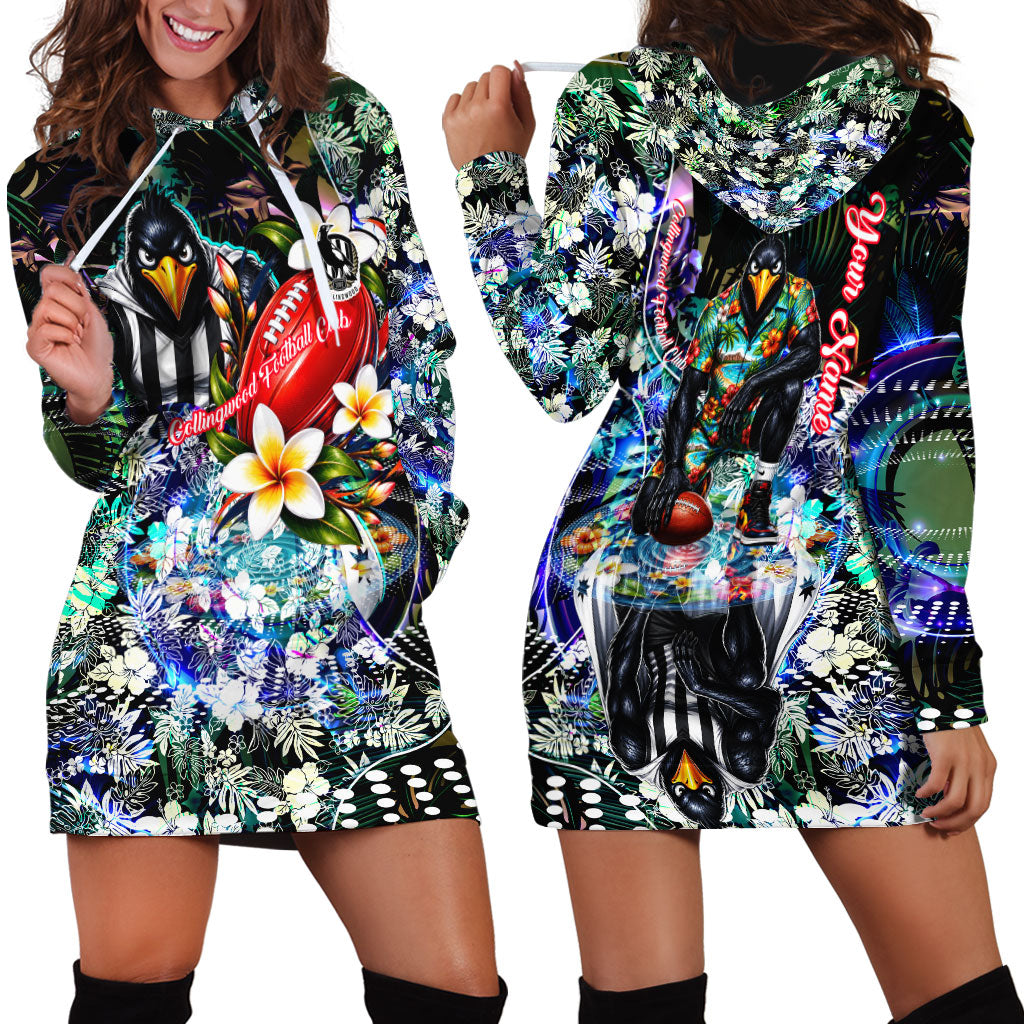 Personalized Collingwood Football Magpies Hoodie Dress Tropical Hibiscus Flowers - Pacific Fusion Style