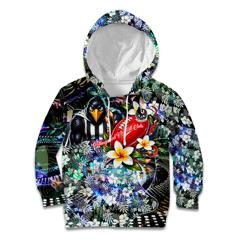 Personalized Collingwood Football Magpies Kid Hoodie Tropical Hibiscus Flowers - Pacific Fusion Style
