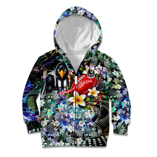 Personalized Collingwood Football Magpies Kid Hoodie Tropical Hibiscus Flowers - Pacific Fusion Style