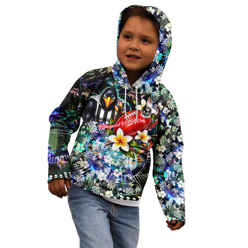 Personalized Collingwood Football Magpies Kid Hoodie Tropical Hibiscus Flowers - Pacific Fusion Style