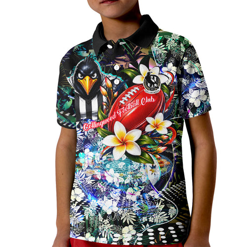 Personalized Collingwood Football Magpies Kid Polo Shirt Tropical Hibiscus Flowers - Pacific Fusion Style
