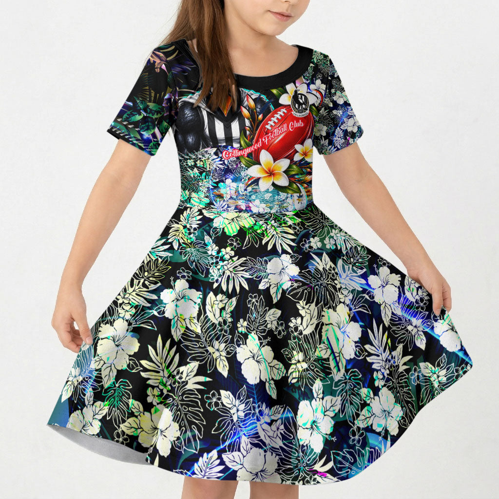 Personalized Collingwood Football Magpies Kid Short Sleeve Dress Tropical Hibiscus Flowers - Pacific Fusion Style