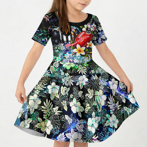 Personalized Collingwood Football Magpies Kid Short Sleeve Dress Tropical Hibiscus Flowers - Pacific Fusion Style