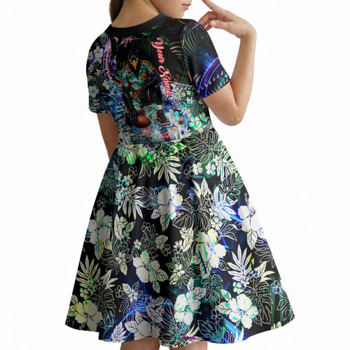 Personalized Collingwood Football Magpies Kid Short Sleeve Dress Tropical Hibiscus Flowers - Pacific Fusion Style