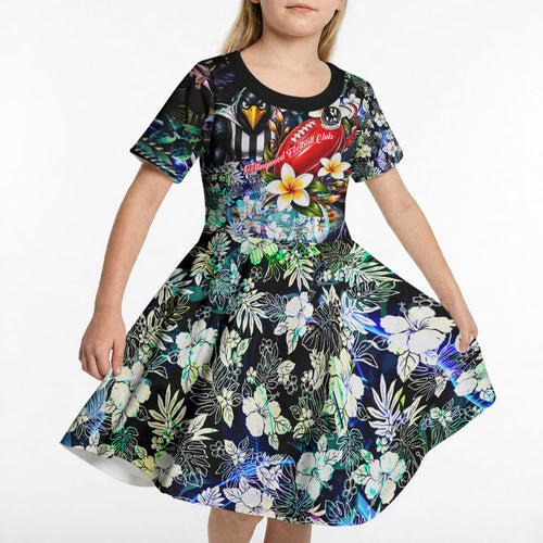 Personalized Collingwood Football Magpies Kid Short Sleeve Dress Tropical Hibiscus Flowers - Pacific Fusion Style