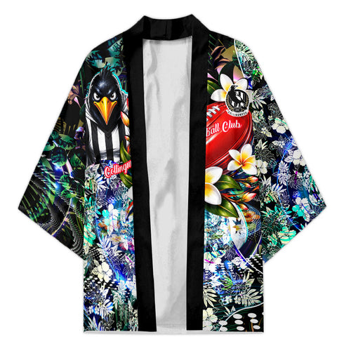 Personalized Collingwood Football Magpies Kimono Tropical Hibiscus Flowers - Pacific Fusion Style