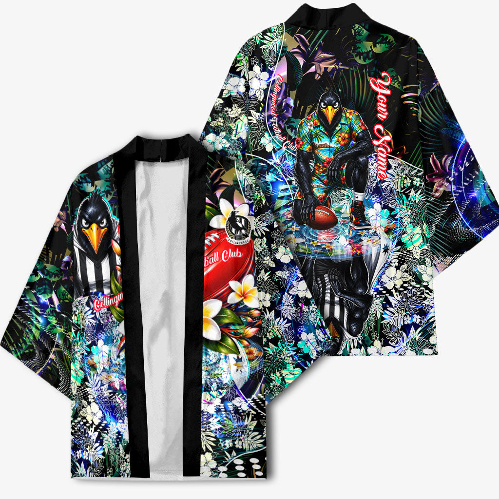 Personalized Collingwood Football Magpies Kimono Tropical Hibiscus Flowers - Pacific Fusion Style
