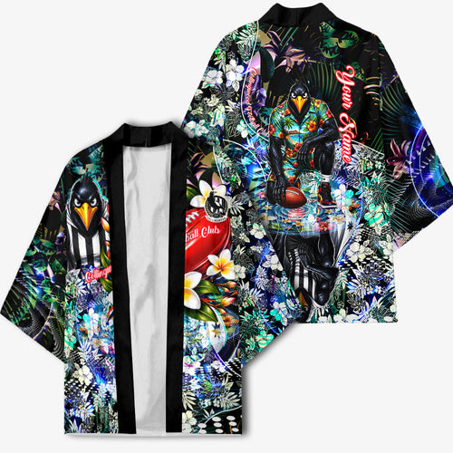 Personalized Collingwood Football Magpies Kimono Tropical Hibiscus Flowers - Pacific Fusion Style