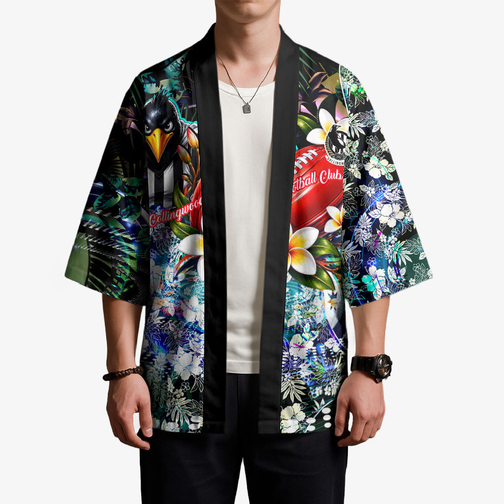 Personalized Collingwood Football Magpies Kimono Tropical Hibiscus Flowers - Pacific Fusion Style
