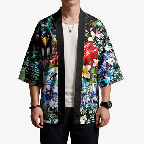 Personalized Collingwood Football Magpies Kimono Tropical Hibiscus Flowers - Pacific Fusion Style