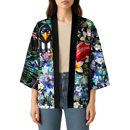 Personalized Collingwood Football Magpies Kimono Tropical Hibiscus Flowers - Pacific Fusion Style