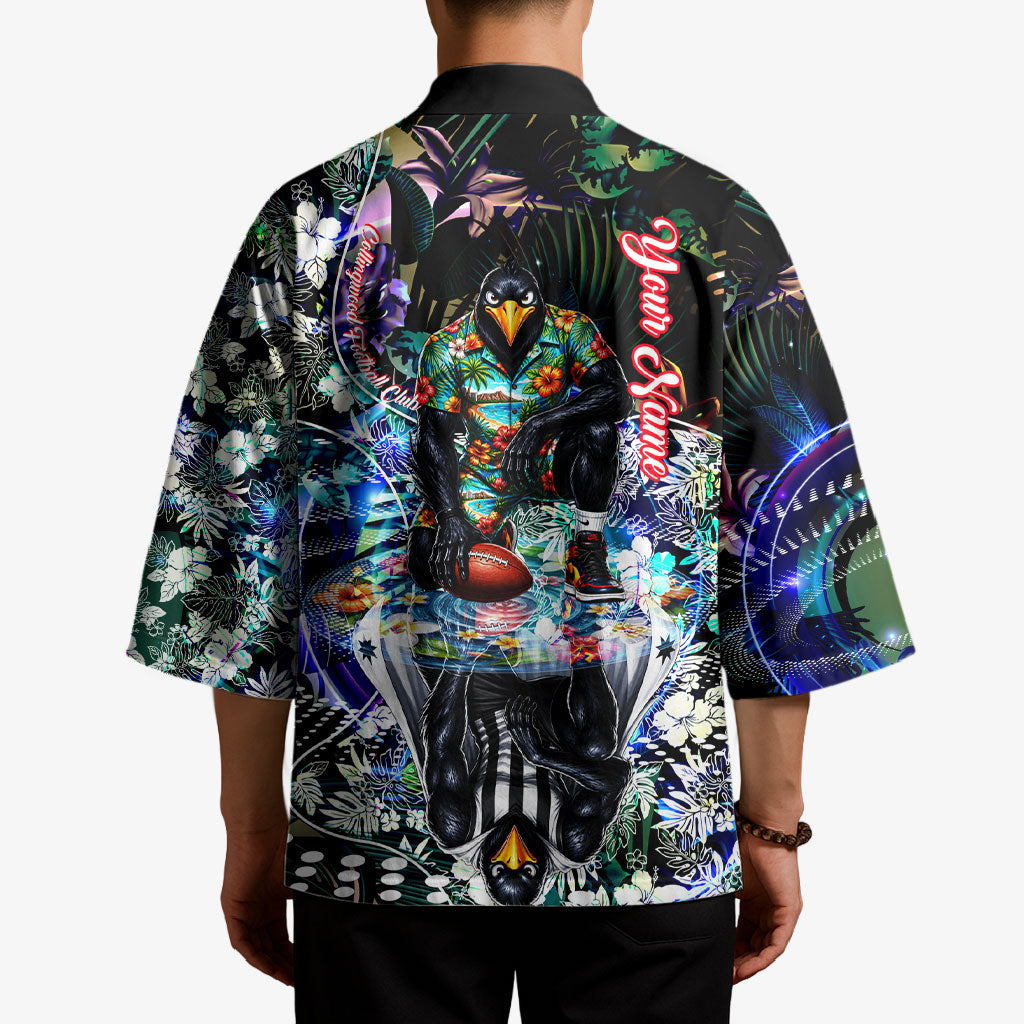 Personalized Collingwood Football Magpies Kimono Tropical Hibiscus Flowers - Pacific Fusion Style