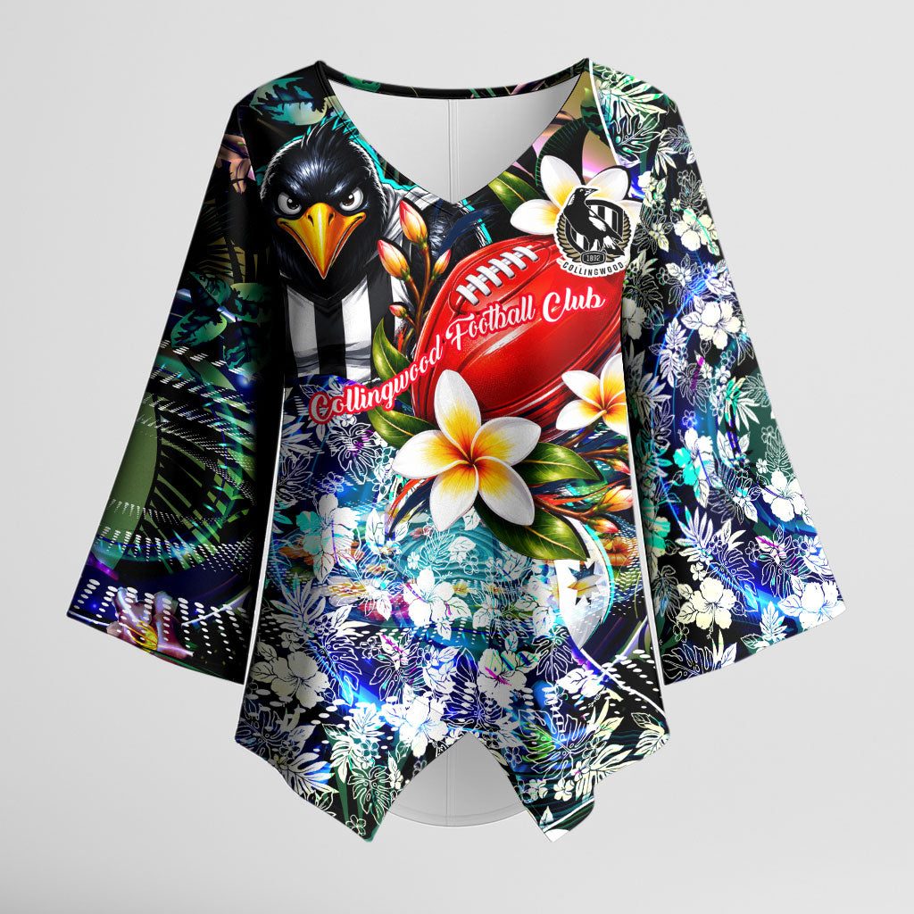 Personalized Collingwood Football Magpies Kimono Sleeve Blouse Tropical Hibiscus Flowers - Pacific Fusion Style