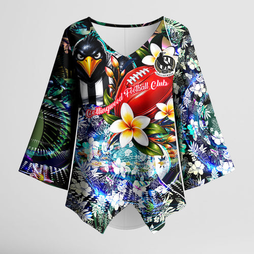 Personalized Collingwood Football Magpies Kimono Sleeve Blouse Tropical Hibiscus Flowers - Pacific Fusion Style
