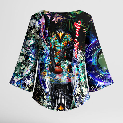 Personalized Collingwood Football Magpies Kimono Sleeve Blouse Tropical Hibiscus Flowers - Pacific Fusion Style
