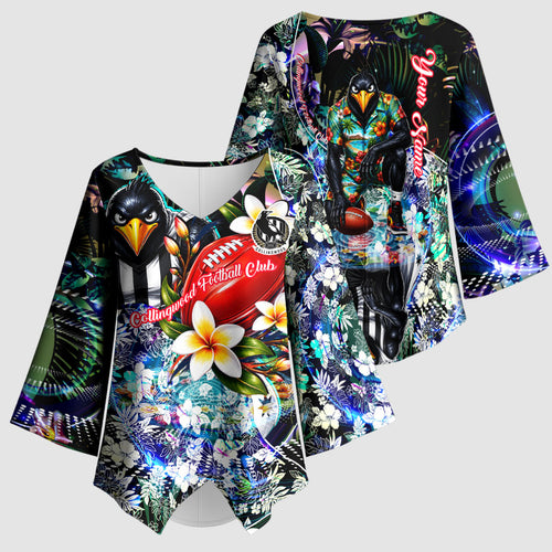 Personalized Collingwood Football Magpies Kimono Sleeve Blouse Tropical Hibiscus Flowers - Pacific Fusion Style