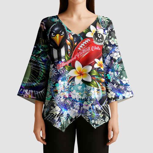 Personalized Collingwood Football Magpies Kimono Sleeve Blouse Tropical Hibiscus Flowers - Pacific Fusion Style
