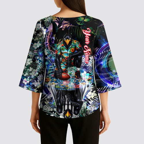 Personalized Collingwood Football Magpies Kimono Sleeve Blouse Tropical Hibiscus Flowers - Pacific Fusion Style