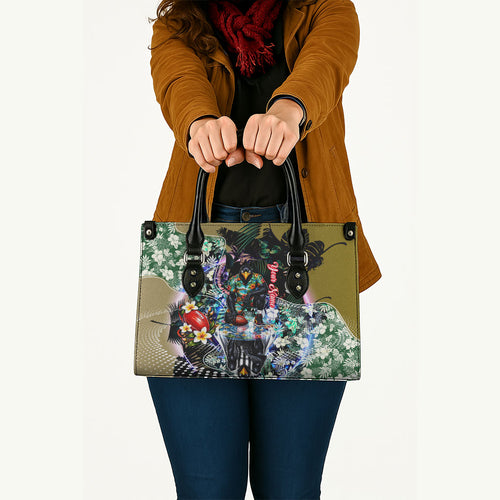 Personalized Collingwood Football Magpies Leather Bag Tropical Hibiscus Flowers - Pacific Fusion Style