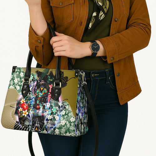 Personalized Collingwood Football Magpies Leather Bag Tropical Hibiscus Flowers - Pacific Fusion Style