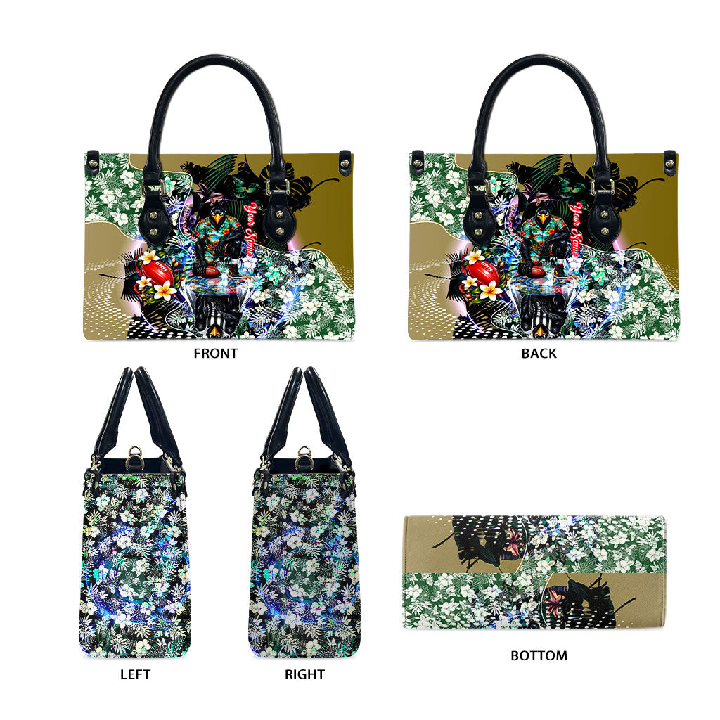 Personalized Collingwood Football Magpies Leather Bag Tropical Hibiscus Flowers - Pacific Fusion Style