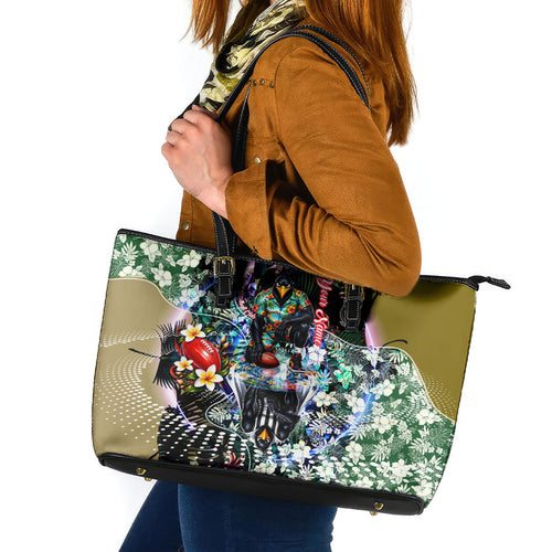 Personalized Collingwood Football Magpies Leather Tote Bag Tropical Hibiscus Flowers - Pacific Fusion Style