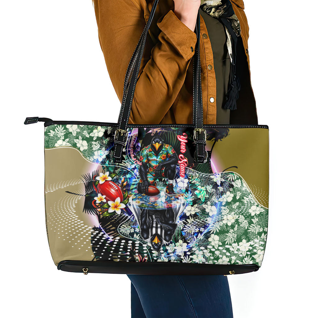 Personalized Collingwood Football Magpies Leather Tote Bag Tropical Hibiscus Flowers - Pacific Fusion Style