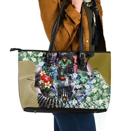 Personalized Collingwood Football Magpies Leather Tote Bag Tropical Hibiscus Flowers - Pacific Fusion Style