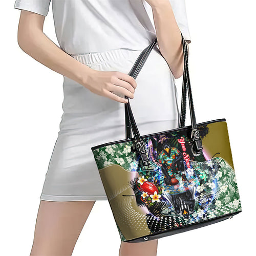 Personalized Collingwood Football Magpies Leather Tote Bag Tropical Hibiscus Flowers - Pacific Fusion Style