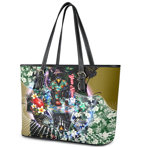 Personalized Collingwood Football Magpies Leather Tote Bag Tropical Hibiscus Flowers - Pacific Fusion Style