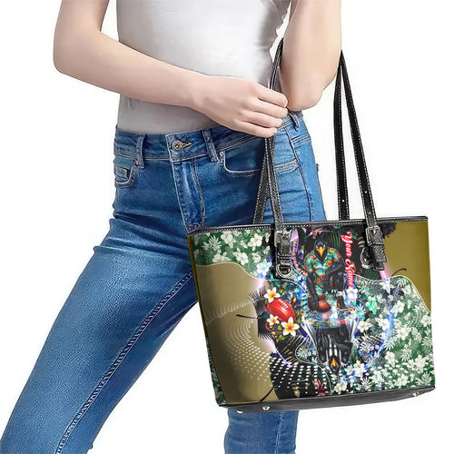 Personalized Collingwood Football Magpies Leather Tote Bag Tropical Hibiscus Flowers - Pacific Fusion Style