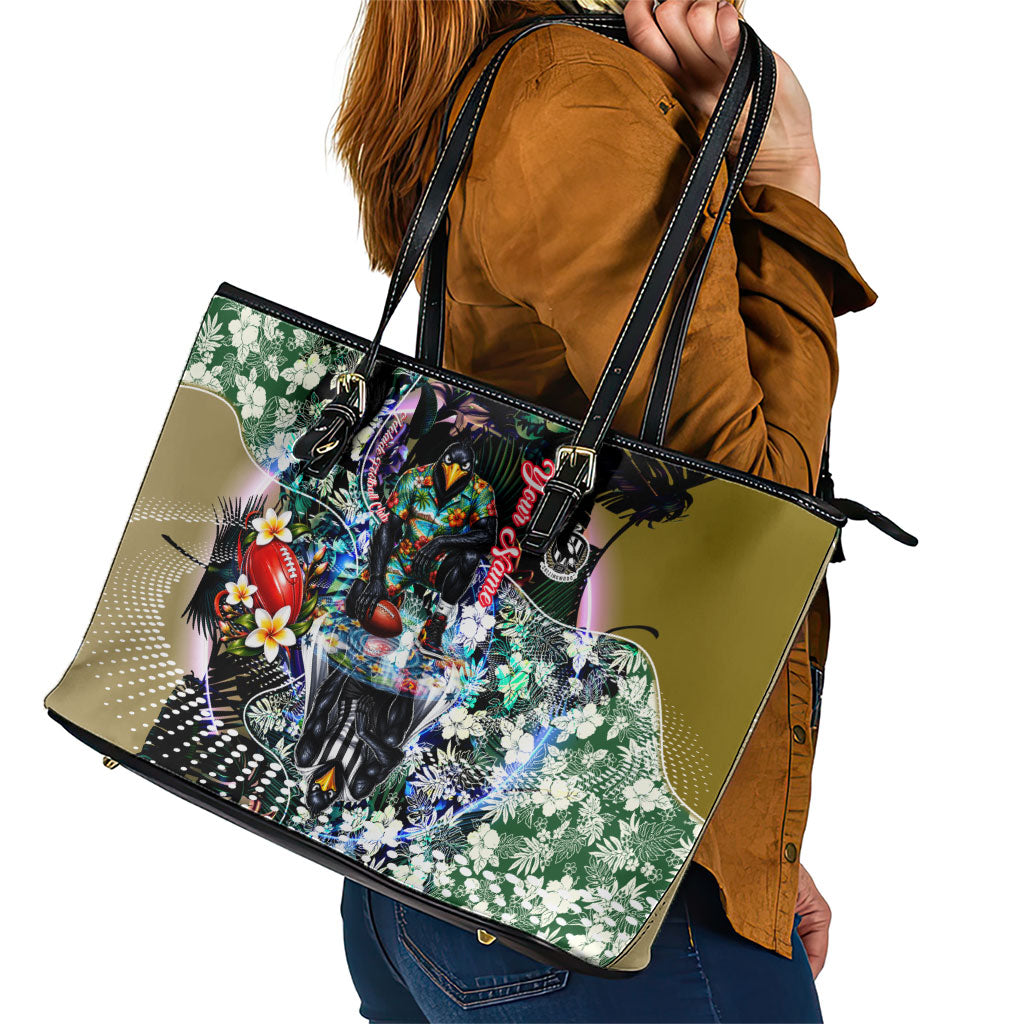Personalized Collingwood Football Magpies Leather Tote Bag Tropical Hibiscus Flowers - Pacific Fusion Style
