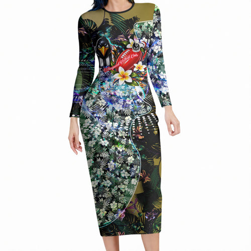Personalized Collingwood Football Magpies Long Sleeve Bodycon Dress Tropical Hibiscus Flowers - Pacific Fusion Style