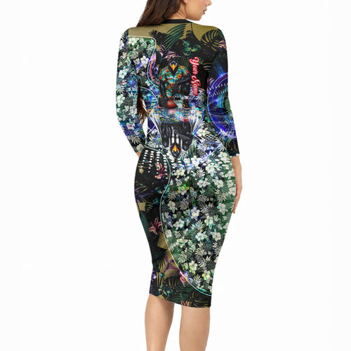 Personalized Collingwood Football Magpies Long Sleeve Bodycon Dress Tropical Hibiscus Flowers - Pacific Fusion Style