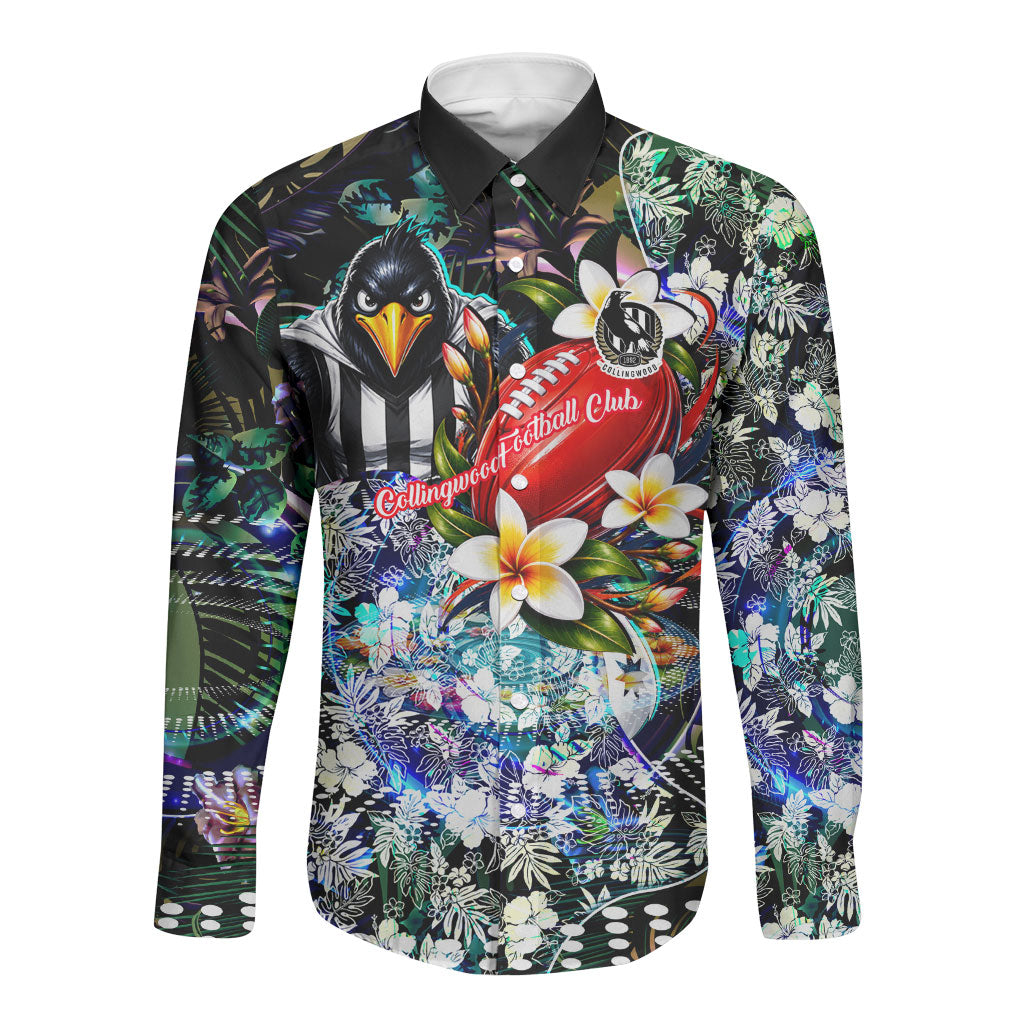 Personalized Collingwood Football Magpies Long Sleeve Button Shirt Tropical Hibiscus Flowers - Pacific Fusion Style