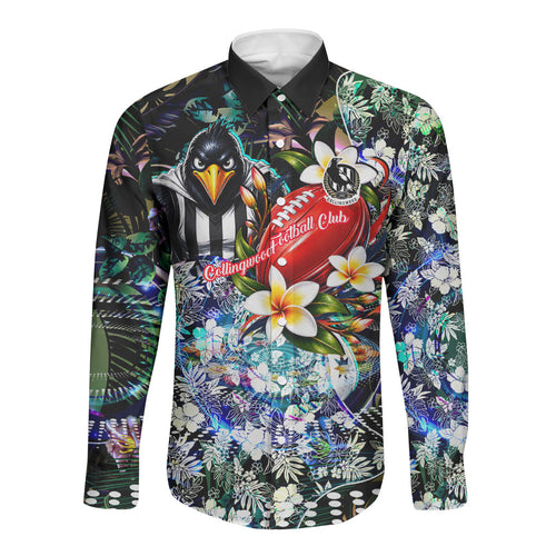 Personalized Collingwood Football Magpies Long Sleeve Button Shirt Tropical Hibiscus Flowers - Pacific Fusion Style